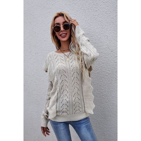 Openwork Round Neck Ruffled Sweater - Picture 15 of 16